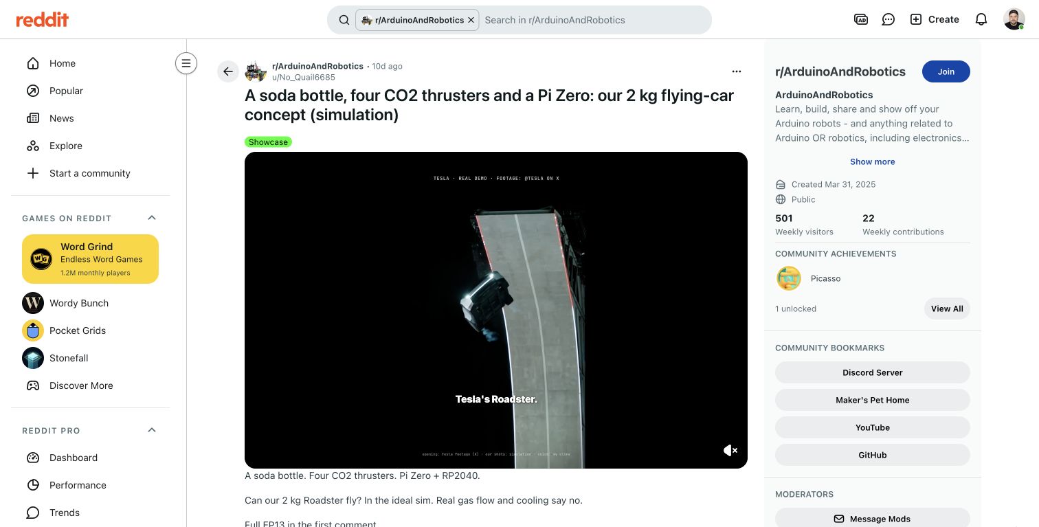 Reddit post insights: flying-car simulation, 22K views, 99% upvote rate, 8 comments and 20 shares.