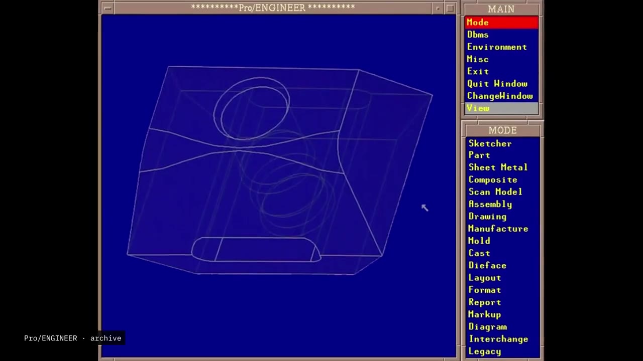 A wireframe part in an older CAD interface: the drawing becomes a digital model.