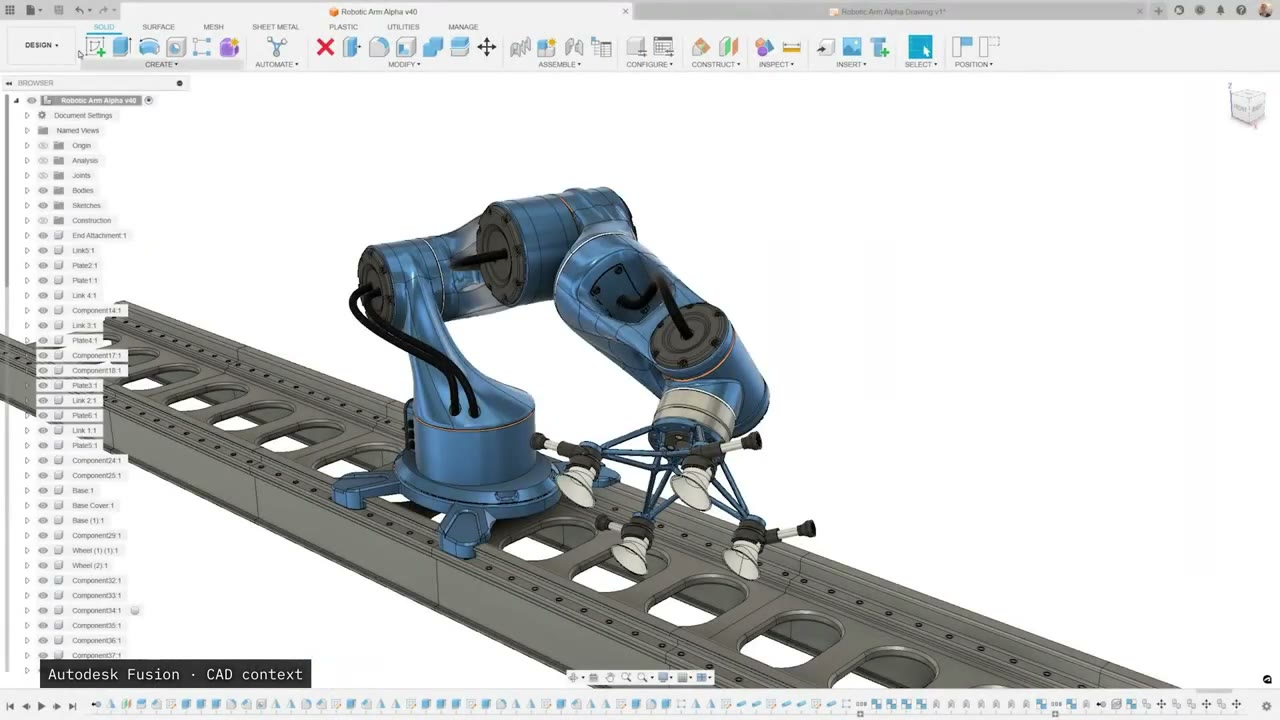 An industrial robot model inside CAD, shown as context for the move from design to action.