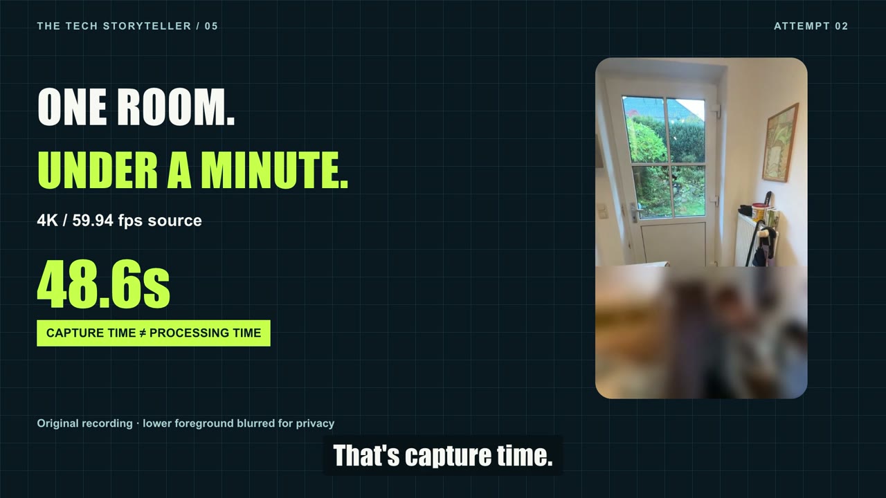 The focused room capture lasts 48.6 seconds; this is capture time, not processing time.
