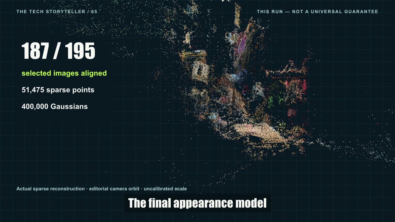 The saved sparse reconstruction and run counts: 187 of 195 selected images aligned, 51,475 points and 400,000 Gaussians.