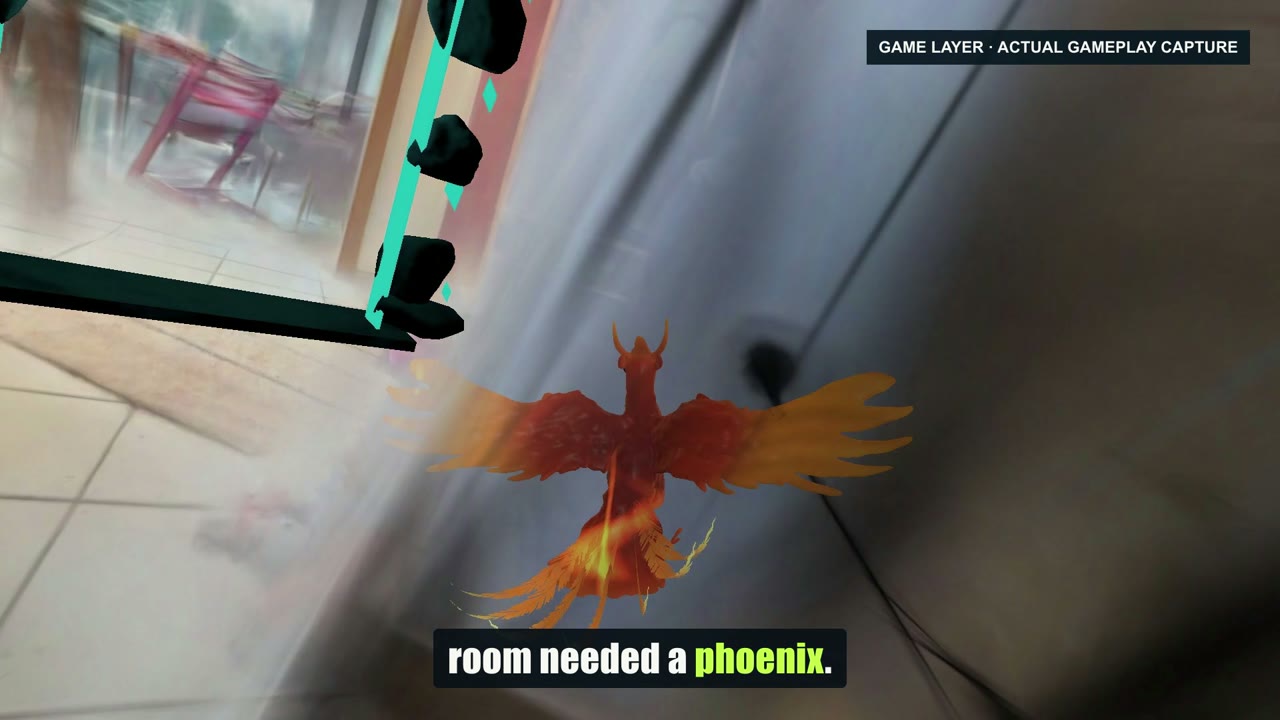 A phoenix added as a game-layer object inside the reconstructed room. It is not part of the captured geometry.