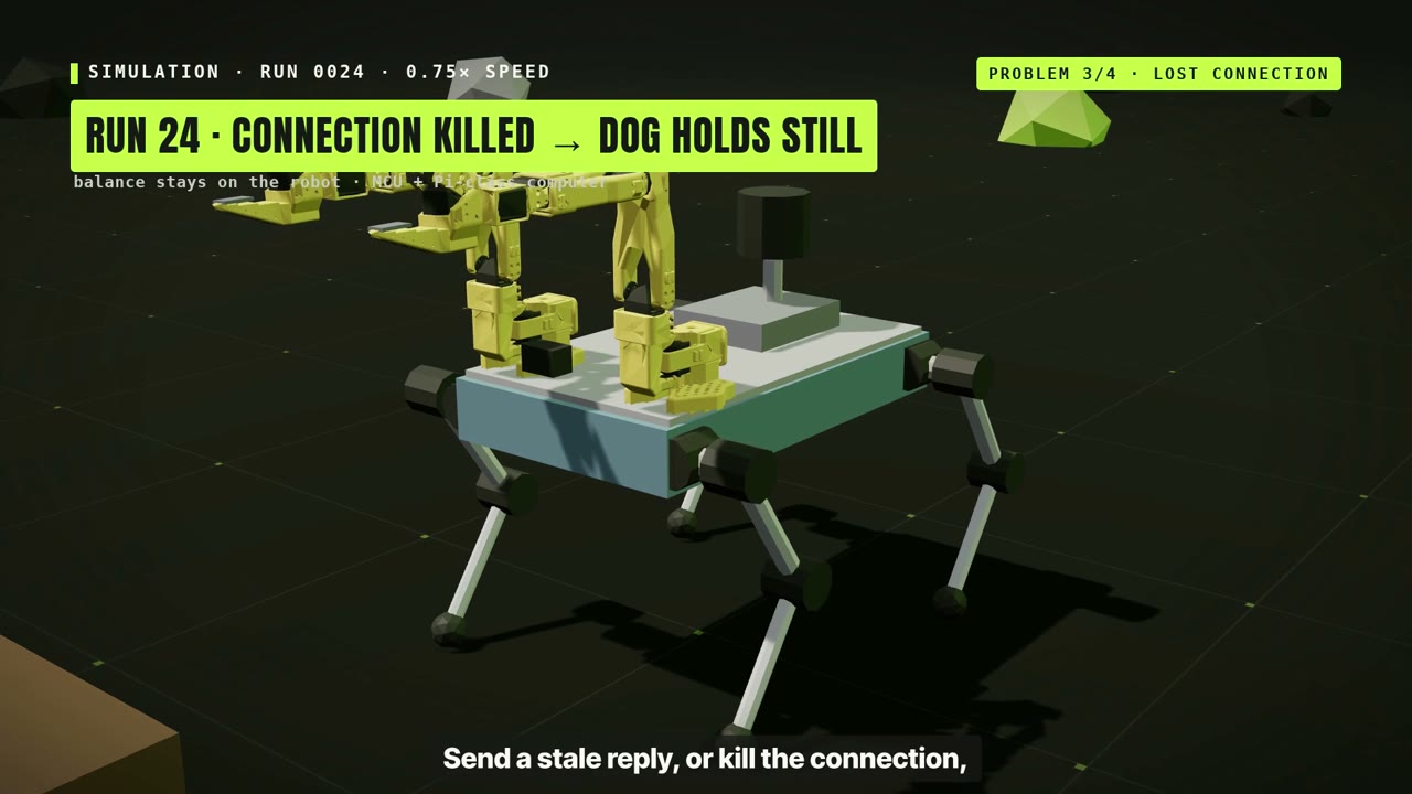 Run 24: the simulated dog holds still after the connection is killed.