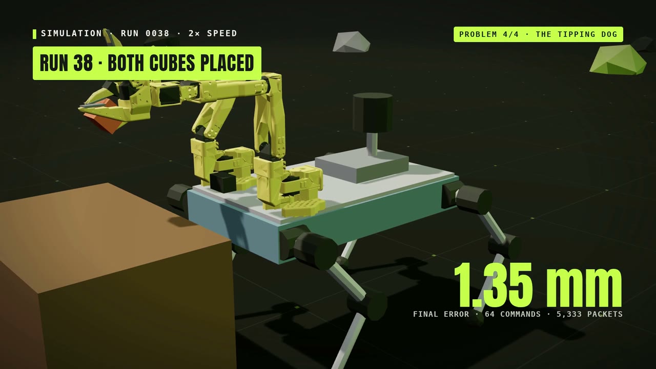 Run 38: both cubes are placed; the recorded simulation reports 1.35 mm error.
