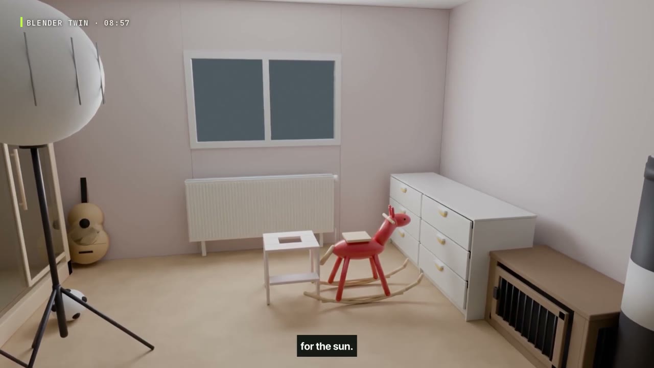 A Blender render of the reconstructed room is used to inspect the recovered lighting.