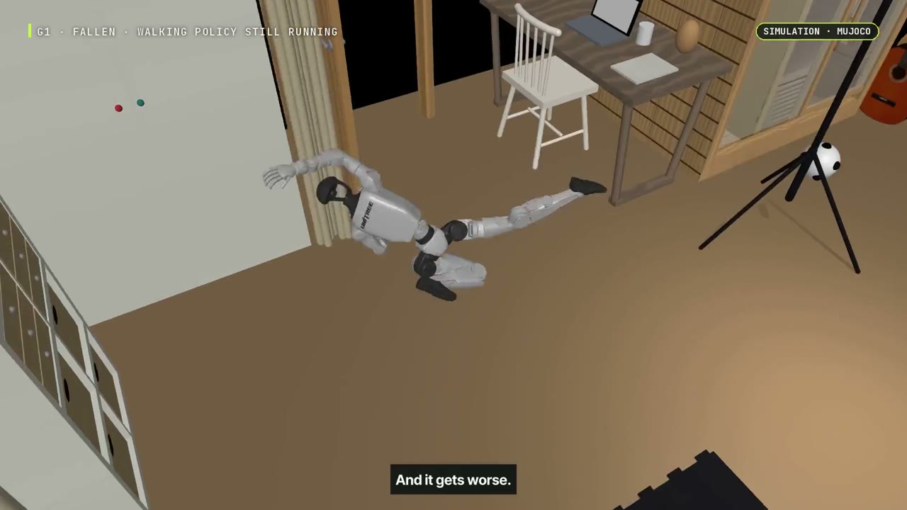 The rebuilt G1 simulation after the fall, with the walking policy still running.