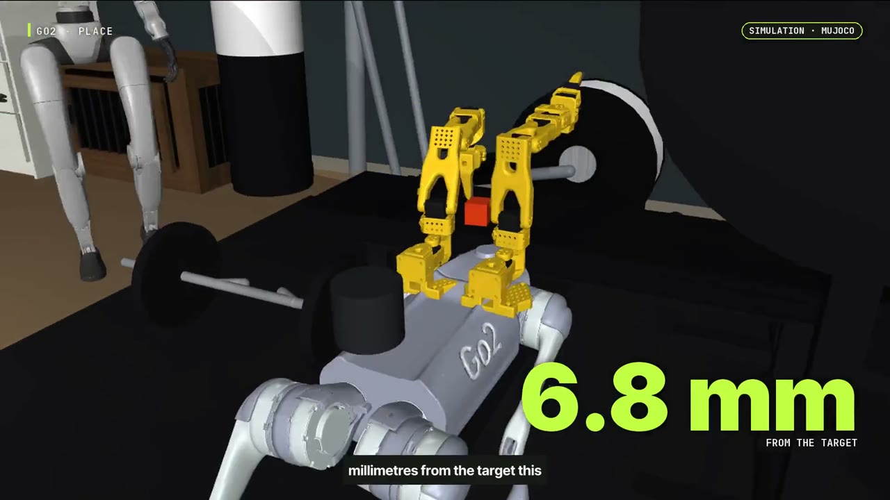 The shared-room simulation reports a final block placement error of 6.8 mm.