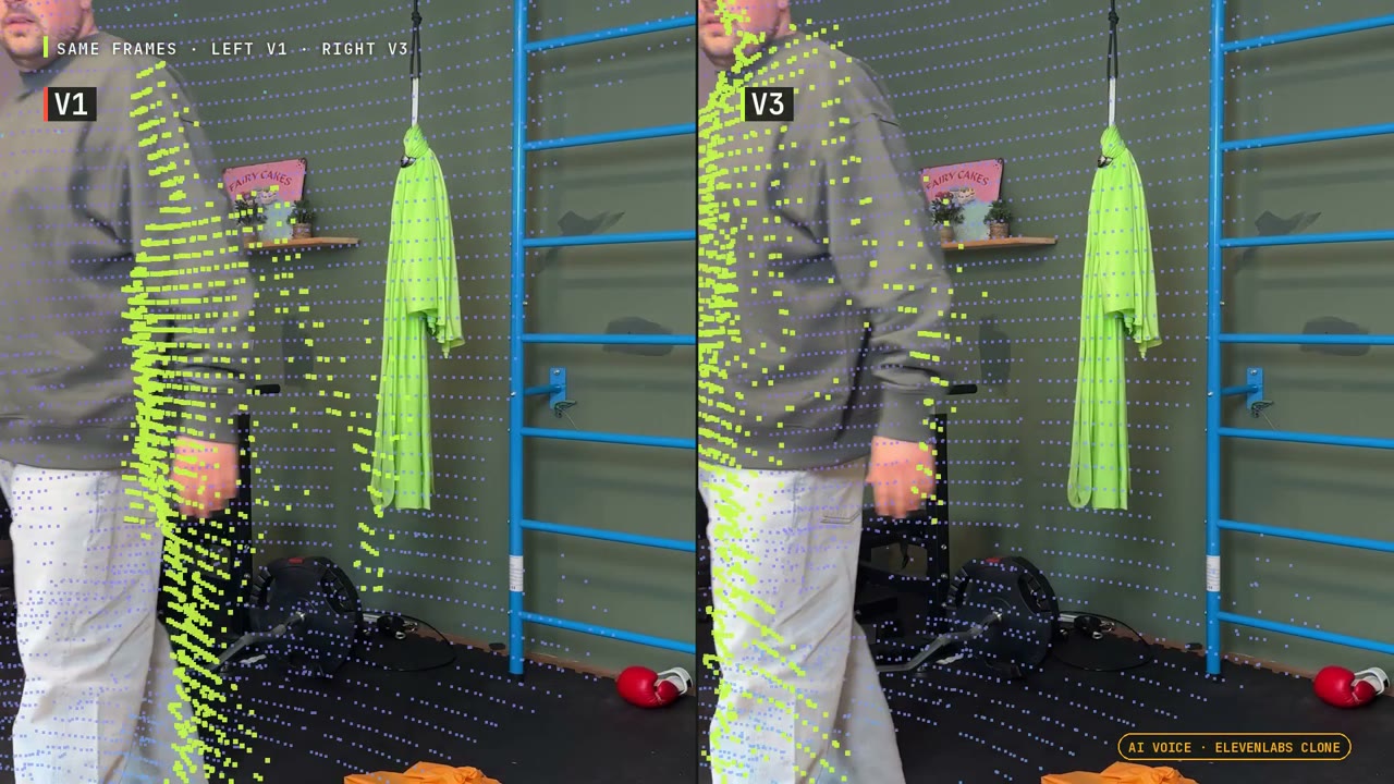 Version 1 and version 3 are compared on the same moving-person footage.