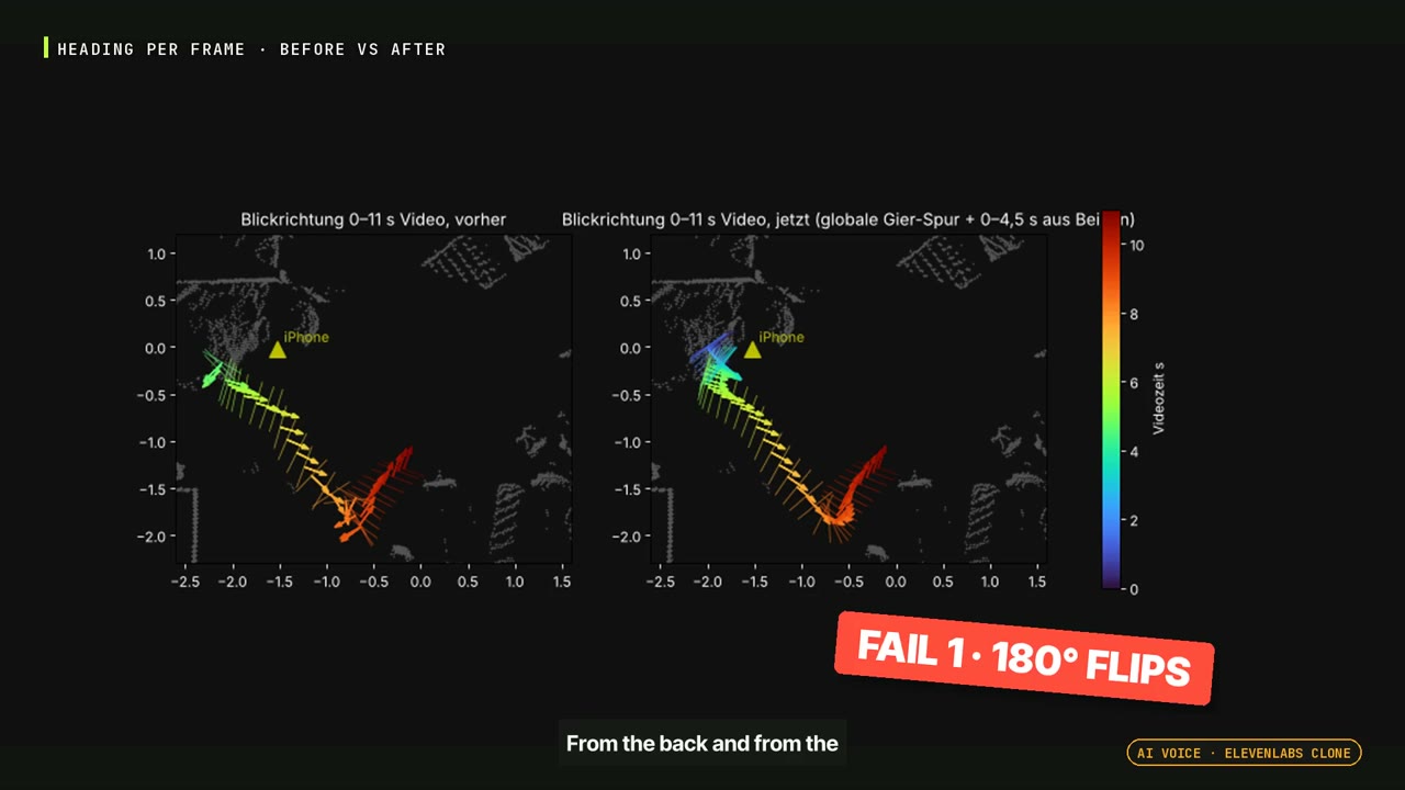 The body-fitting debug view exposes the avatar heading flipping by 180 degrees.