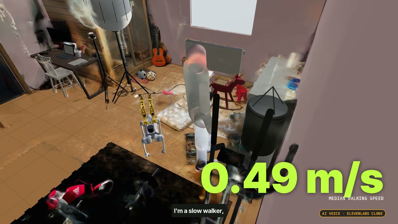 A reconstructed avatar moves through the room twin; this is a replay, not a physical robot.