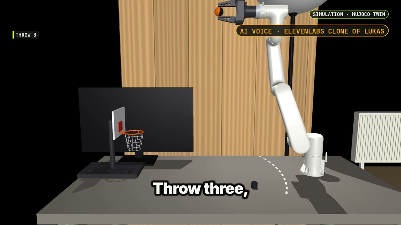 A simulated throw is replayed from a wider view of the arm and basket.