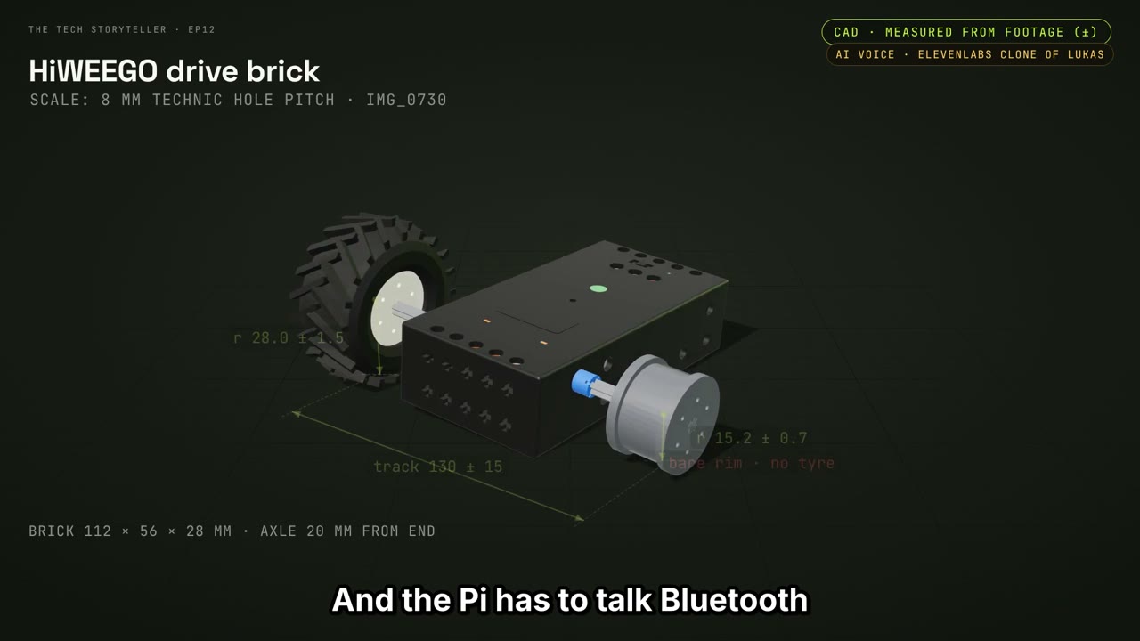 An exploded model shows the toy’s drive brick and two-wheel arrangement.