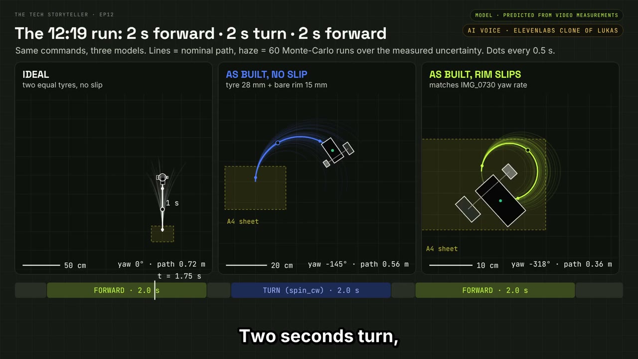 The motion comparison separates ideal movement from the built robot’s wheel-slip model.