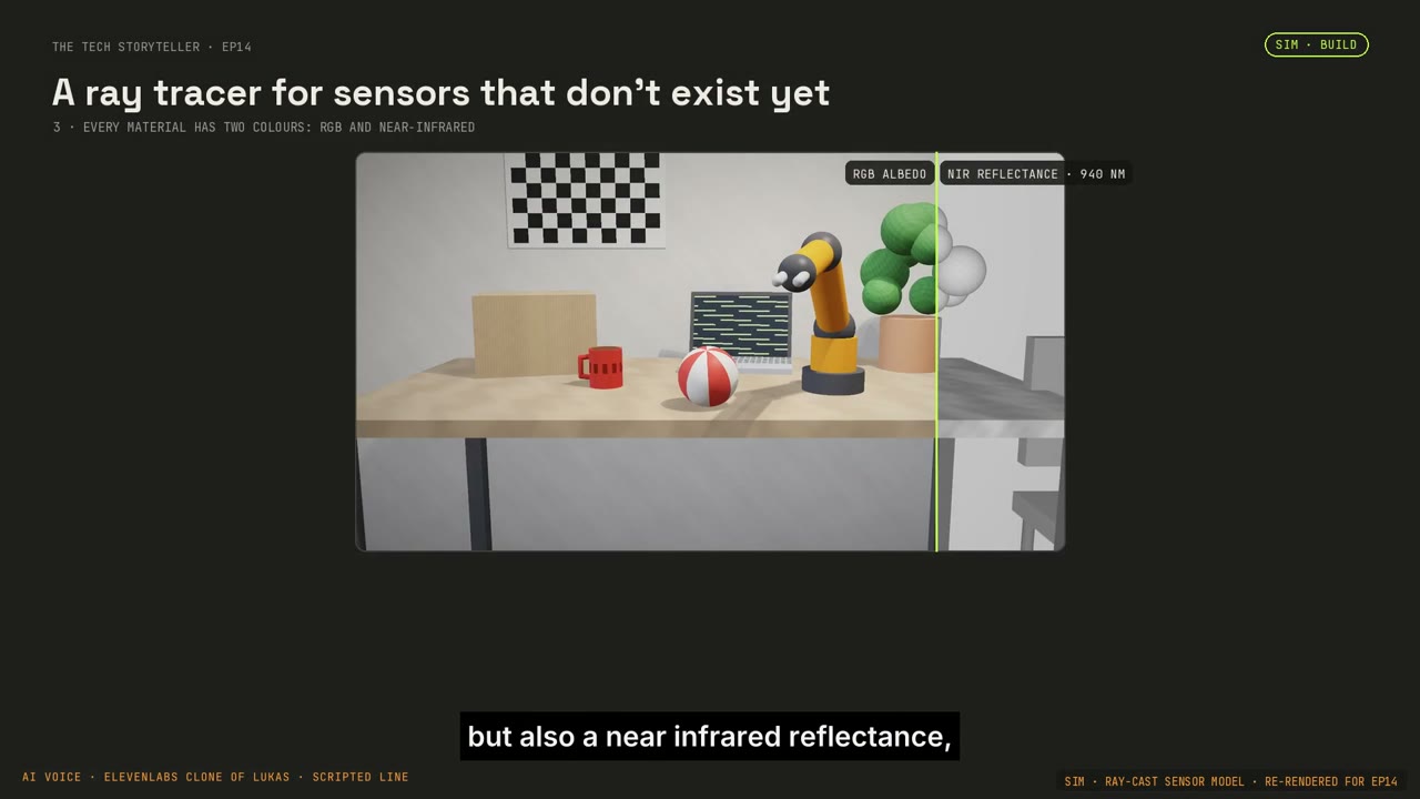 The ray-traced test scene supplies known geometry for comparing simulated depth sensors.