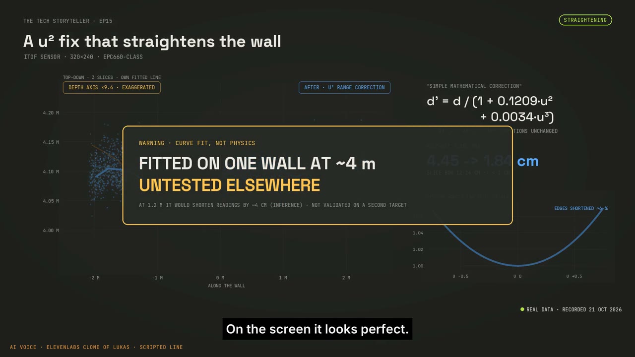 A fitted correction straightens this wall, with the on-screen warning that other scenes remain untested.