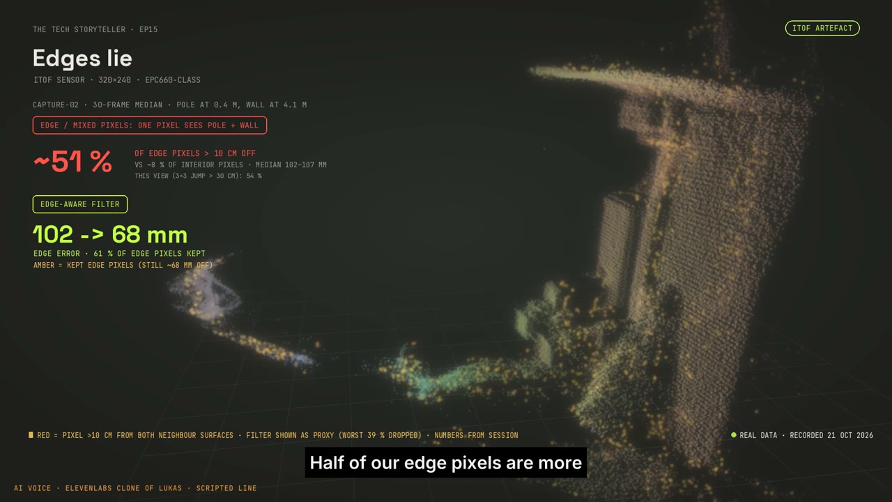 The edge-pixel analysis highlights depth samples that disagree near object boundaries.