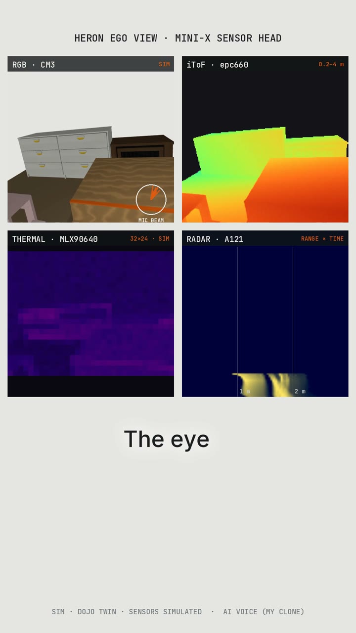 The Mini-X eye’s RGB, depth, thermal and radar views are simulated in the dojo.